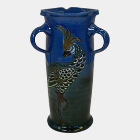 C. H. Brannam Barum Ware Vintage English Art Pottery Peacock Ceramic Vase
