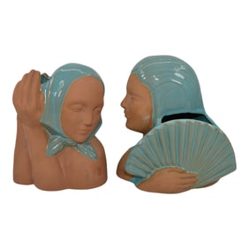 Catalina Pottery Vintage 1930s Blue Ceramic Women Head Planter Vases C-801 C-803