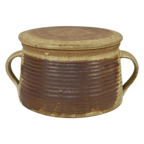Don Reitz Studio Art Pottery Brown Stoneware Ribbed Handled Ceramic Covered Jar