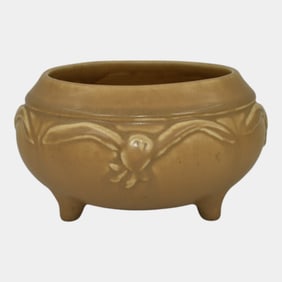 Rookwood 1921 Vintage Art Pottery Matte Tan Owl In Flight Footed Bowl 2359