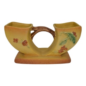 Roseville Bittersweet Yellow 1951 Art Pottery Double Cornucopia Planter Vase 858
