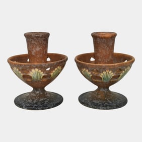 Roseville Ferella Tan 1930 Vintage Art Pottery Ceramic Candle Holders 1078-4