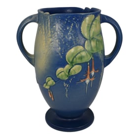 Roseville Fuchsia Blue 1938 Vintage Art Pottery Handled Ceramic Vase 901-10