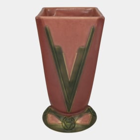 Roseville Futura Pink Green 1928 Art Deco Pottery Ceramic Victory Vee Vase 399-7