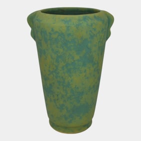 Weller 1930s Vintage Art Deco Pottery Mottled Matte Green Blue Ceramic Vase