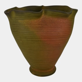 Weller Ansonia 1920s Arts And Crafts Pottery Matte Green Orange Folded Rim Vase