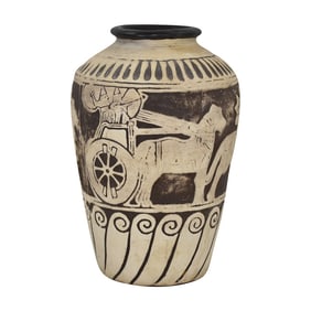 Weller Burntwood 1910s Pottery Roman Chariot Archers Egyptian Vase