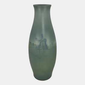 Weller Dresden 1905 Vintage Pottery Blue Windmill Scenic Vase Burgess