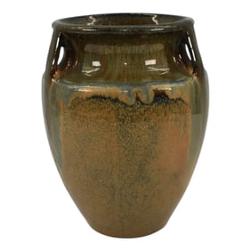 Fulper Arts And Crafts Pottery Green Tan Flambe Bullet Vase 530