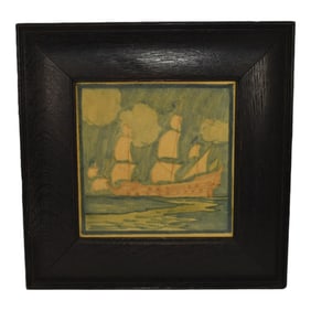 Marblehead Vintage Arts and Crafts Pottery Sailing Ship Blue Framed Ceramic Tile