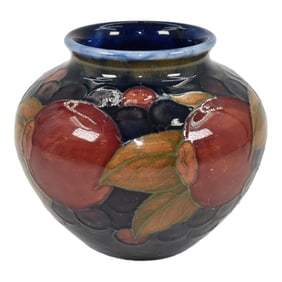 Moorcroft 1910-30s Vintage Art Pottery Red Pomegranate Grapes Blue Ceramic Vase