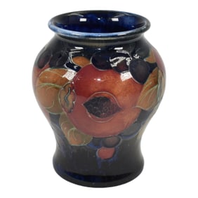 Moorcroft 1910-30s Vintage Art Pottery Red Pomegranate Grapes Blue Ceramic Vase