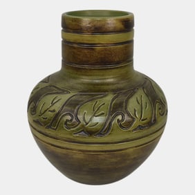 North Dakota School of Mines UND 1940s Pottery Green Carved Vase