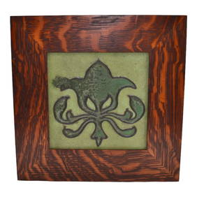 Owens Vintage Arts and Crafts Pottery Floral Matte Green Framed Ceramic Tile (1 of 6)