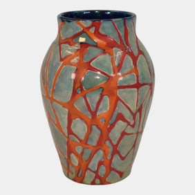 Paul Katrich Studio Art Pottery Blue Red Orange Luster Hand Made Vase 1142