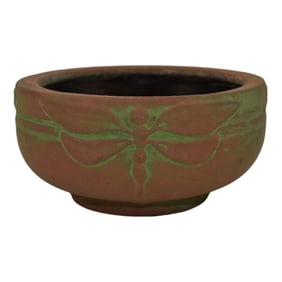 Peters and Reed Moss Aztec 1920s Arts And Crafts Pottery Dragonfly Ceramic Bowl