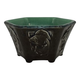 Rookwood 1928 Vintage Arts And Crafts Black Green Pottery Fish Ceramic Bowl 6086