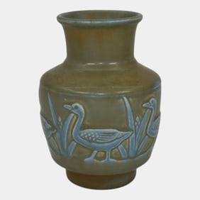 Rookwood 1935 Vintage Art Pottery Blue and Brown Geese Landscape Vase 6547