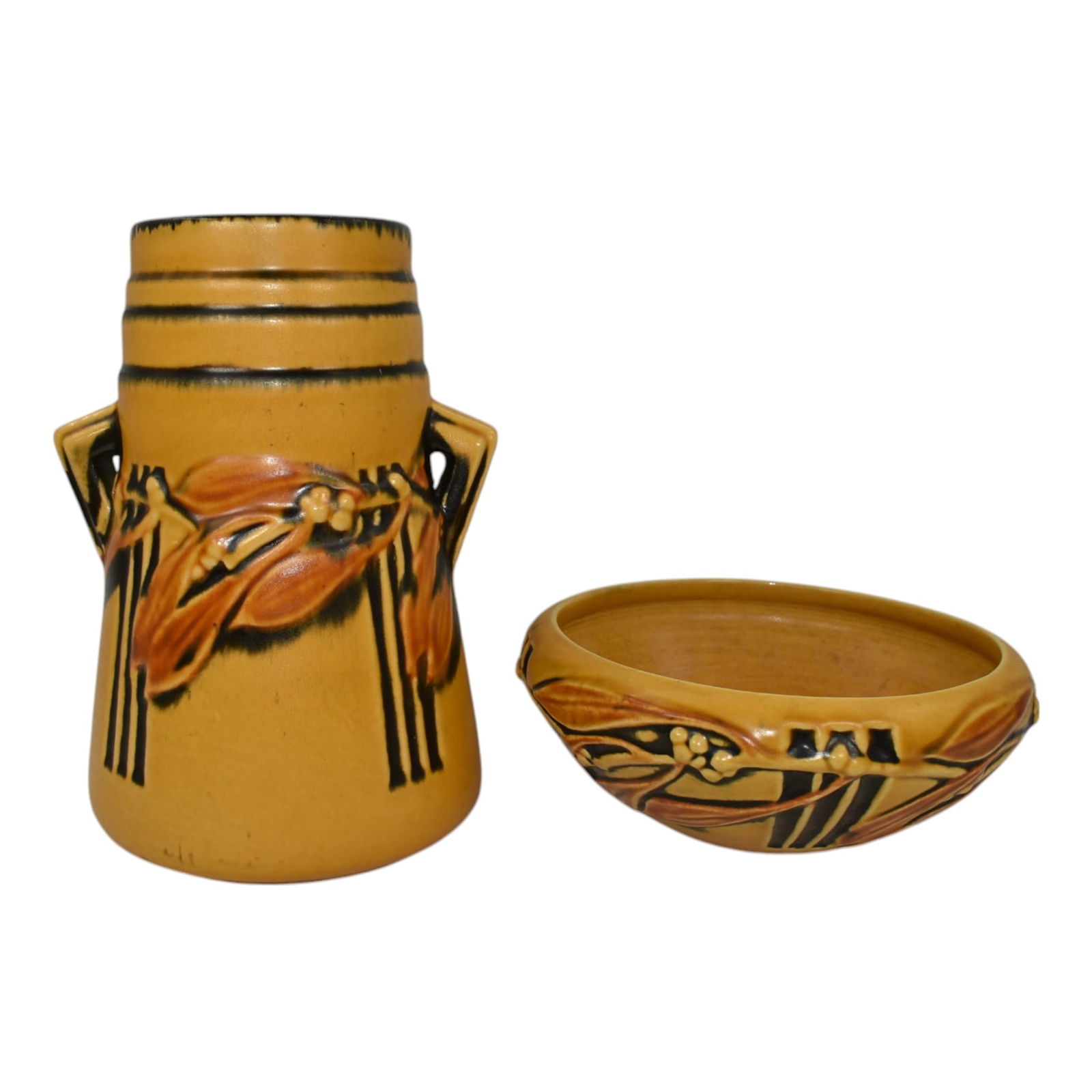 Roseville Laurel Yellow 1934 Vintage Art Pottery Vase 671-7 And Bowl (1 of 6)