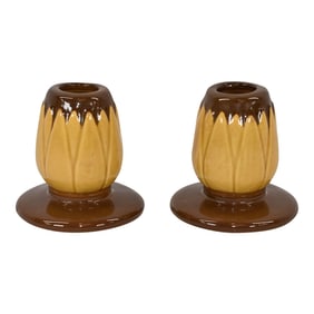 Roseville Lotus 1952 Mid Century Modern Art Pottery Brown Candle Holders L5-2