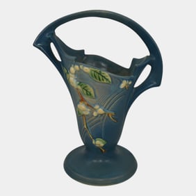 Roseville Snowberry Blue 1947 Mid Century Modern Pottery Ceramic Basket 1BK-10