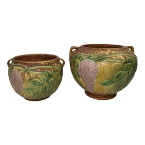 Roseville Wisteria Tan 1933 Vintage Art Pottery Jardiniere Planters 628-4 254-5