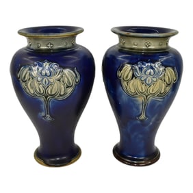 Royal Doulton English Vintage Art Pottery Pair of Blue Floral Ceramic Vases 8035