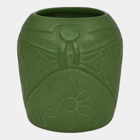 Studio Art Pottery Carved Matte Green Ceramic Vase
