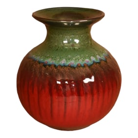 Studio Art Pottery Green Red Ceramic Vase Artist Signed