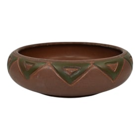 Vintage Arts and Crafts Pottery Hand Carved Brown And Green Geometric Bowl