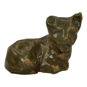 Vintage Sewer Tile Stoneware Pottery Green Cat Statue