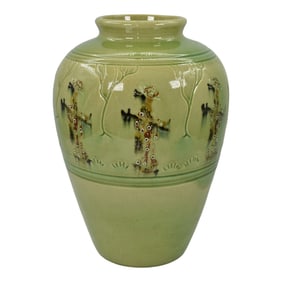 Weller Rhead Faience 1904 Vintage Art Pottery Geisha Girls Green Ceramic Vase