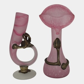 Romanian Vintage Art Glass Copper Fused Copper Pink Swirl Art Nouveau Vases