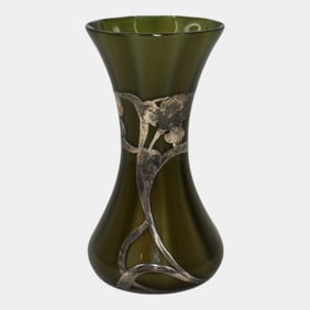Loetz Vintage Silver Metal Overlay Green Art Glass Vase