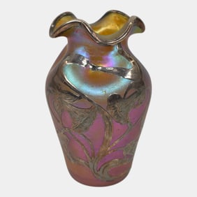 Loetz Vintage Art Glass Vase With Metal Overlay