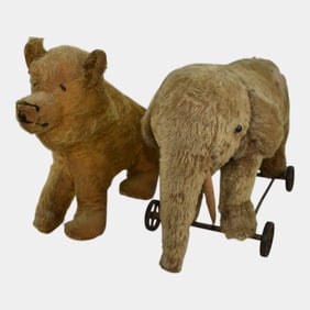 Vintage Bear And Elephant On Wheels Stuffed Animal Steiff Toy