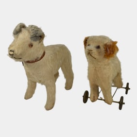 Vintage Toy Terrier Dog and Cavalier King Charles on Wheels Steiff Animals