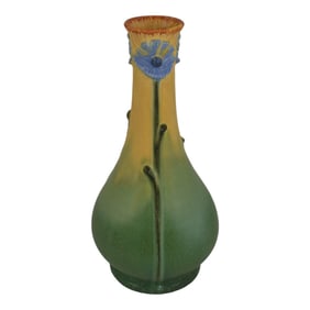 Ephraim Faience 2007 Hand Made Pottery Yellow and Green Chickory Floral Vase A16