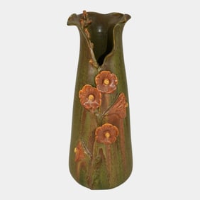 Ephraim Faience 2014 Hand Made Pottery Green Brown Hollyhock Ceramic Vase H03