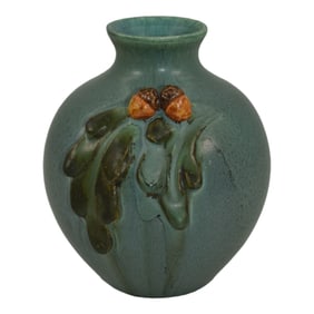 Ephraim Faience 2015 Hand Made Pottery Blue Acorn Cabinet Ceramic Vase F18