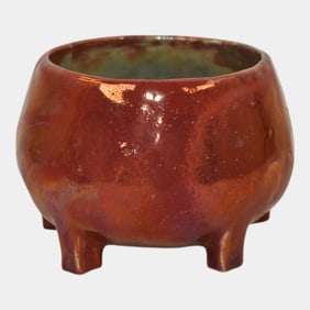 Ira And Ella Peters For Pewabic Art Pottery Red Iridescent Footed Bowl Vase