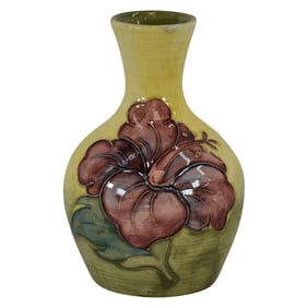Moorcroft Art Pottery 1940s Red Hibiscus Yellow Ceramic Cabinet Vase
