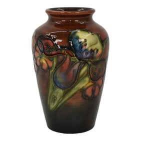 Moorcroft 1950s Vintage Art Pottery Colorful Orchid Brown Ceramic Vase