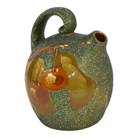Owens Opalesce Utopian 1900s Vintage Art Pottery Cherries Green Ceramic Jug