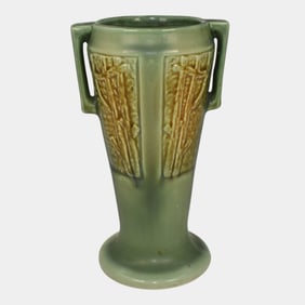 Red Wing Stoneware 1930s Vintage Art Deco Pottery Green Handled Ceramic Vase