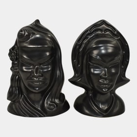 Roseville Burmese 1950 Art Deco Pottery Black Male Female Candle Holders 80B 70B