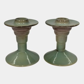 Roseville Futura Green 1928 Art Deco Pottery Flying Saucer Candle Holders 1075-4