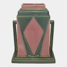 Roseville Futura Pink Green 1928 Vintage Art Deco Pottery Jukebox Vase 386-8
