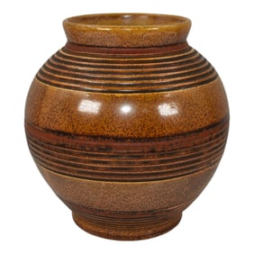 Stangl Vintage Art Deco Pottery Brown Ribbed Ball Shaped Ceramic Vase