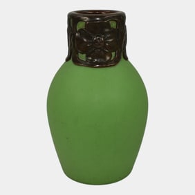 Van Briggle 1902 Pottery Matte Green Vase Art Nouveau Bronze Metal Overlay